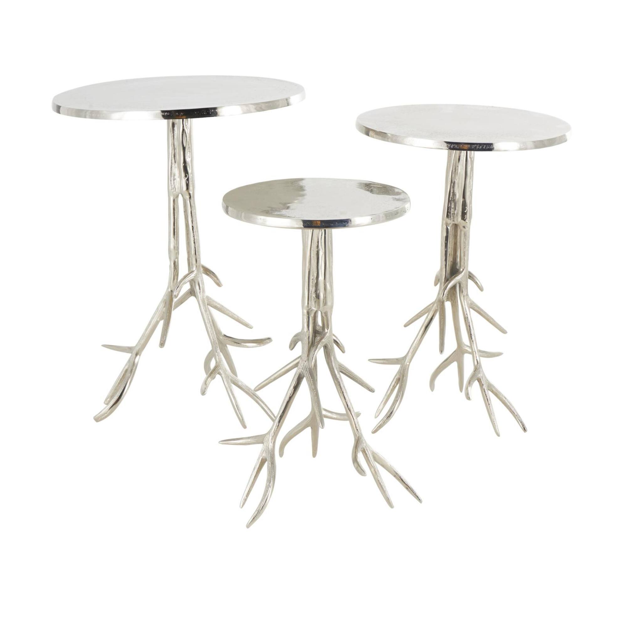 Silver Metal Side End Accent Table with Textured Tree Branch Legs Set